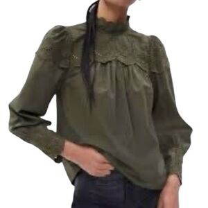 Gap Eyelet Mockneck Green Top Size M Tall Blouse Victorian Coquette